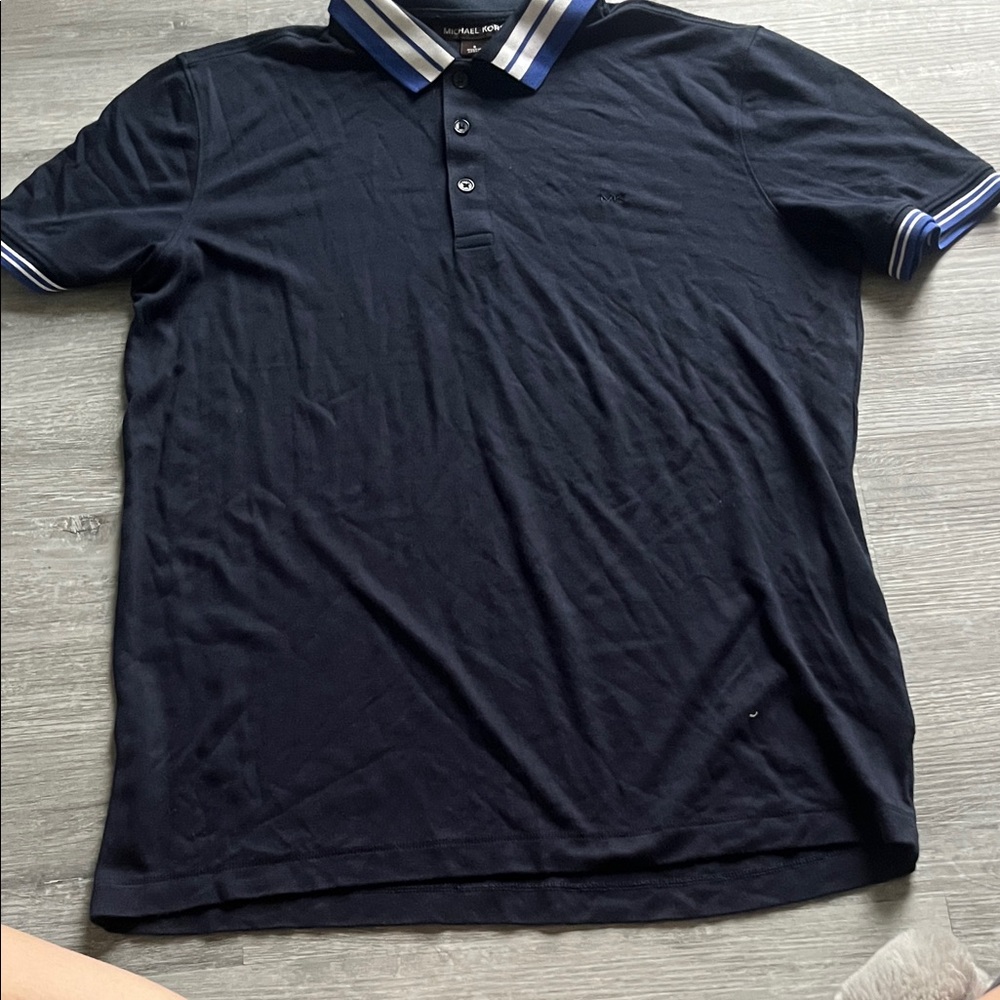 Michael Kors Navy Polo with Blue & White Stripe Collar